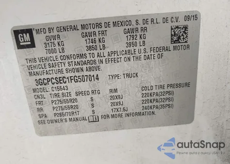 2015 Chevrolet Silverado 1500 1Lz from USA, damaged, VIN 3GCPCSEC1FG507014